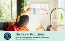 Load image into Gallery viewer, Children using the Skylight 15-inch digital family calendar to track chores and build morning routines on a wall-mounted smart screen.
