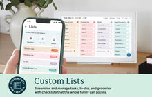 Load image into Gallery viewer, Skylight 15-inch family calendar displaying grocery, packing, and to-do lists synced across phone and wall display.

