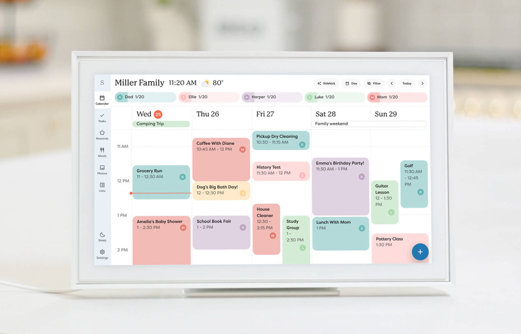 Color-coded weekly events organized on the Skylight 15-inch smart family calendar.