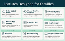 Load image into Gallery viewer, Skylight digital calendar highlighting family-friendly features including color-coded events, chore routines, device syncing, custom lists, rewards, meal planning and photo screensaver.
